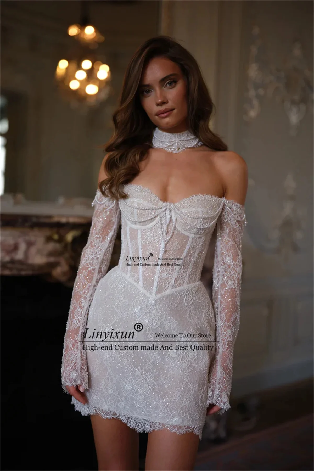 

Короткие платья для выпускного вечера с открытыми плечами и кружевной вышивкой по индивидуальному заказу, иллюзия, расшитое бисером, платье de noche, вечернее платье с длинными рукавами