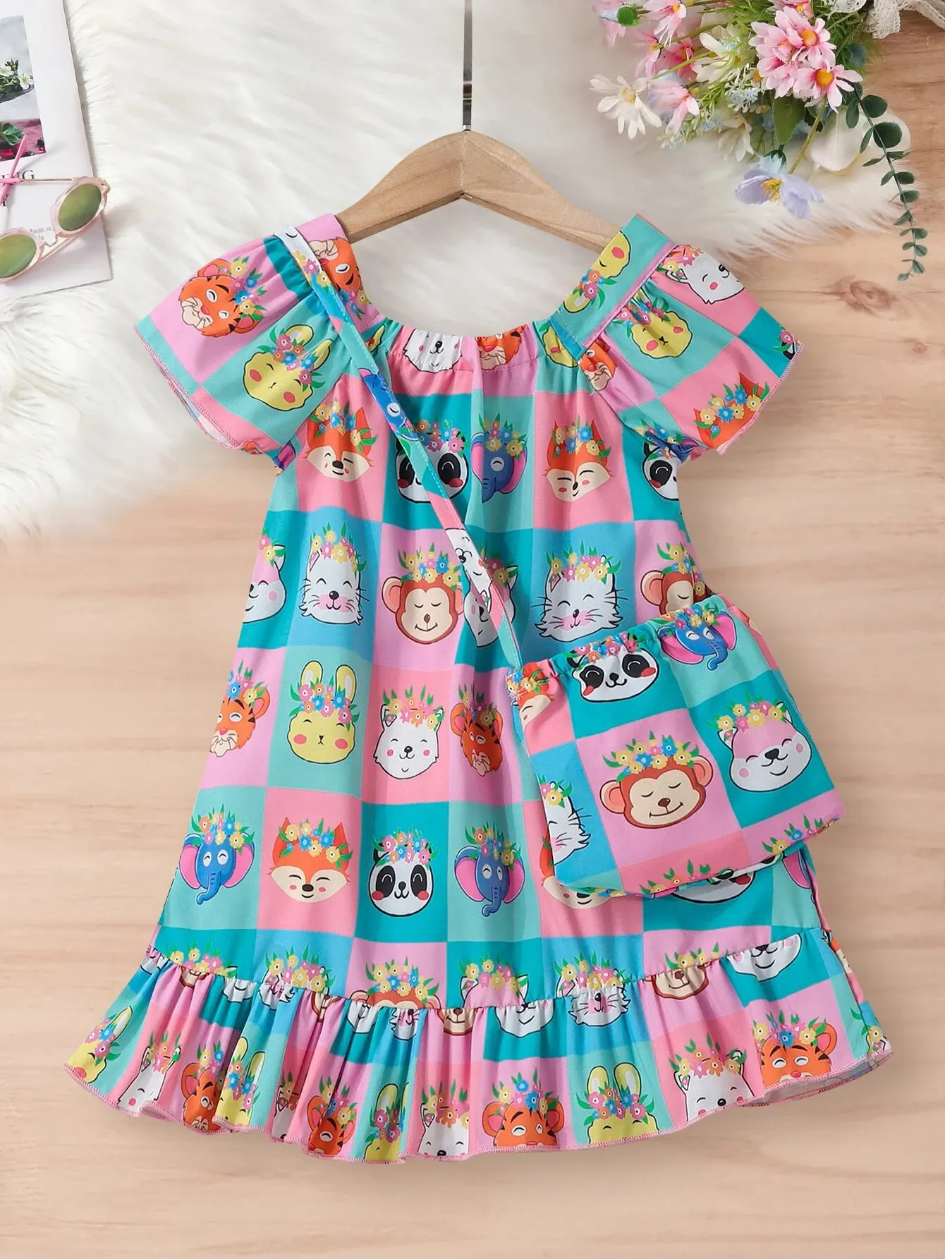 Summer Girls Dress + Shoulder Bag Cute Animal Pattern Ruffle Fashion Kids Clothes 4-7 Y