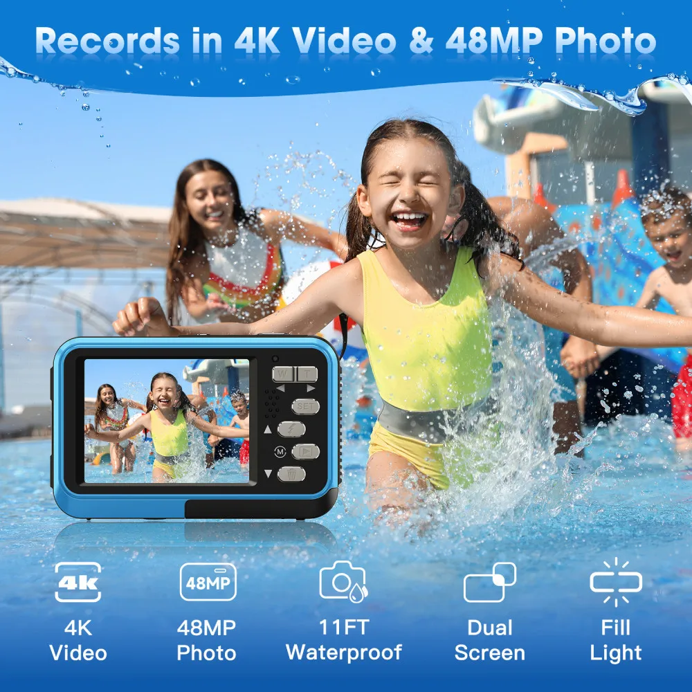 Câmera subaquática 4k, câmera à prova d'água de 11 pés com cartão de 64gb, 48mp, autofoco, tela dupla, selfie, câmera subaquática para mergulho com snorkel