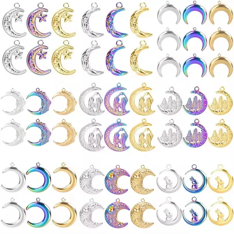 10 piezas de dijes de acero inoxidable con forma de luna creciente, diseño de gato en la luna, que no se decoloran, accesorios para la fabricación de pendientes DIY, joyería y manualidades