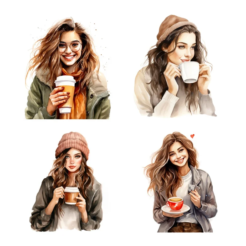 watercolor Female white-collar workers drinking coffee  Stickers Girl Phone Case Photo Album DIY Decoration  scrapbooking