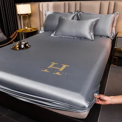 Luxury Satin Fitted Sheet Embroidered Solid Color Mattress Cover with Elastic Band Bed Sheet Bed Linen High-end Rayon Bedsheet