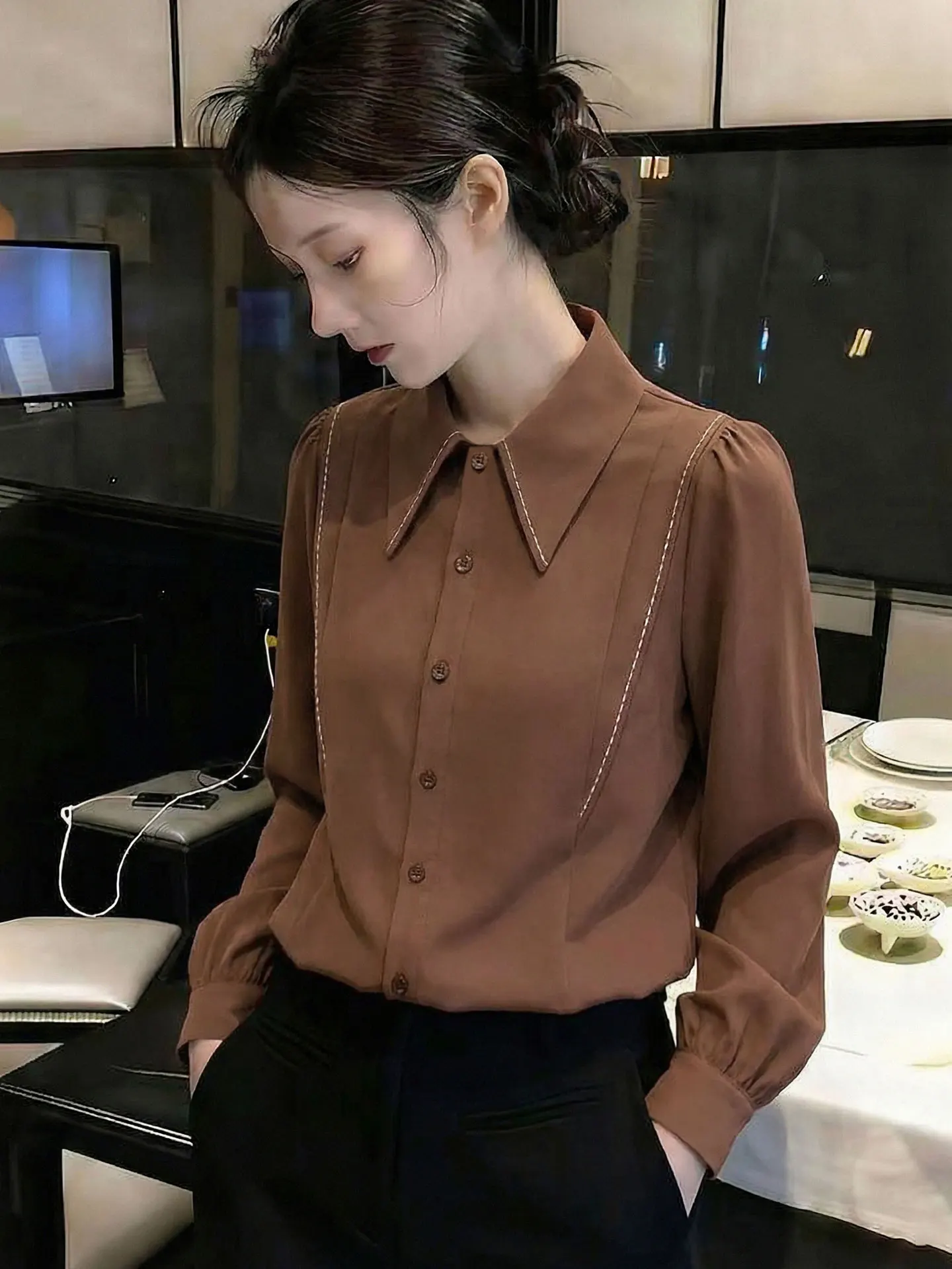 

Женский шелковый топ Ele Pure Color с длинным рукавом, универсальный повседневный стиль, весна 2026, прямой крой, для офиса