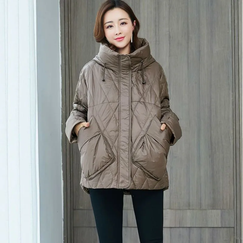 Lightweight Short Down Cotton Coat for Women, Padded Jacket, Female Loose Cape, Casual Hooded Parker Outerwear, Black, Autumn, W