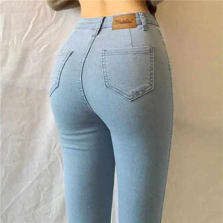 High Waist plus Size Denim Jeans Women's Slimming Fitting Pencil Pants Elastic Casual Pure Color Vintage Zipper Long Trousers