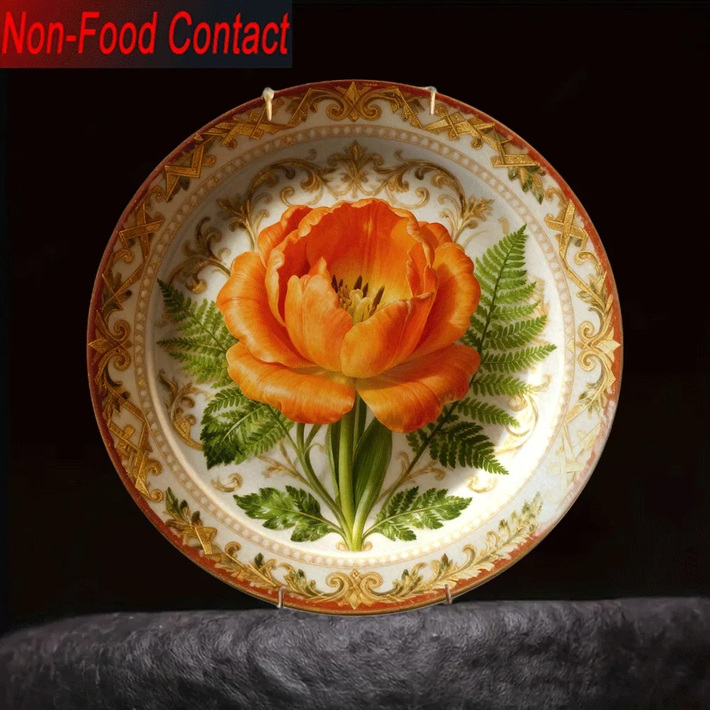 2D Flat - 1pc Elegant Floral Ceramic Decorative Plate - Non-Food Contact Tabletop Ornament with Golden Leaf & Orange Tulip