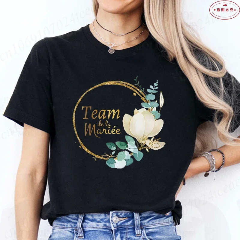 Team Bride T-shirt French Bridal Shower Wedding Tshirt Single Farewell Bachelorette Party Tops Flower Wreath Graphic EVJF Tees