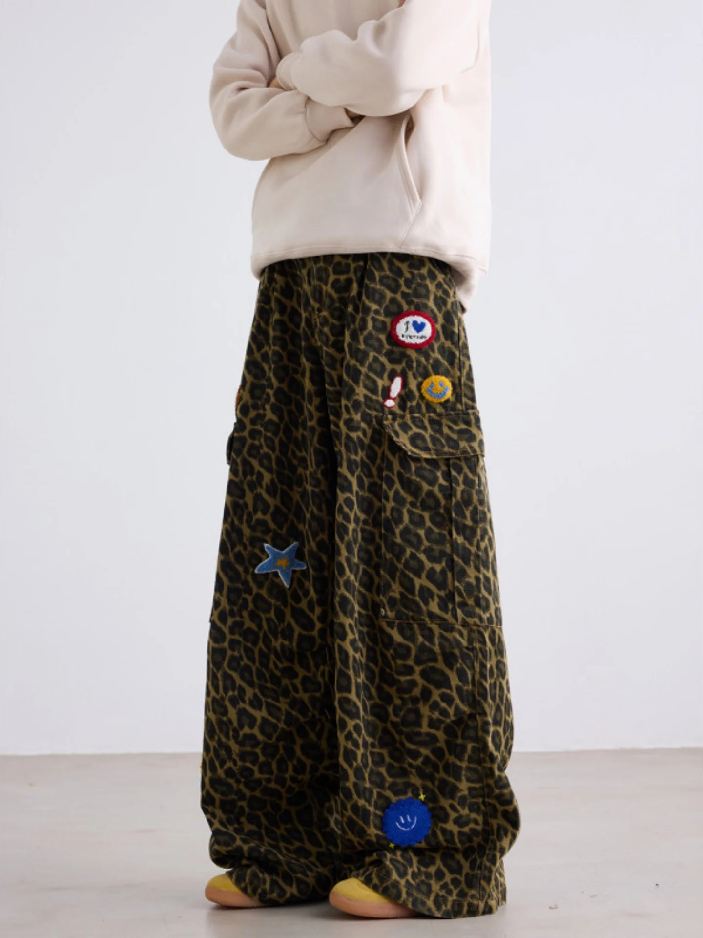 Retro Leopard Print Wide Leg Men's Jeans High Waist Loose Slimming Casual Straight Workwear Trousers High Street Sle