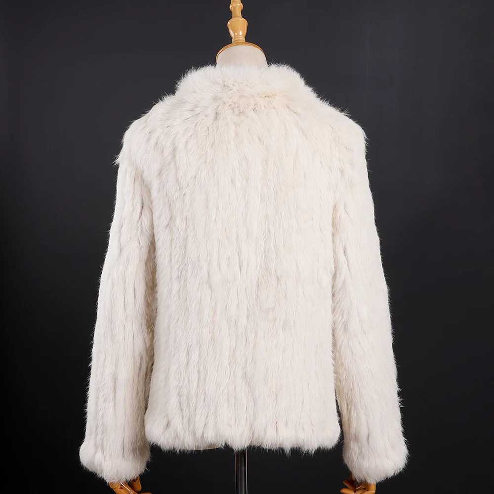 Luxury Women's Winter Genuine Rabbit Fur Knitted Jacket Long Sleeve Stand Collar Coat Lady Classic Real Fur Outwear With Pockets