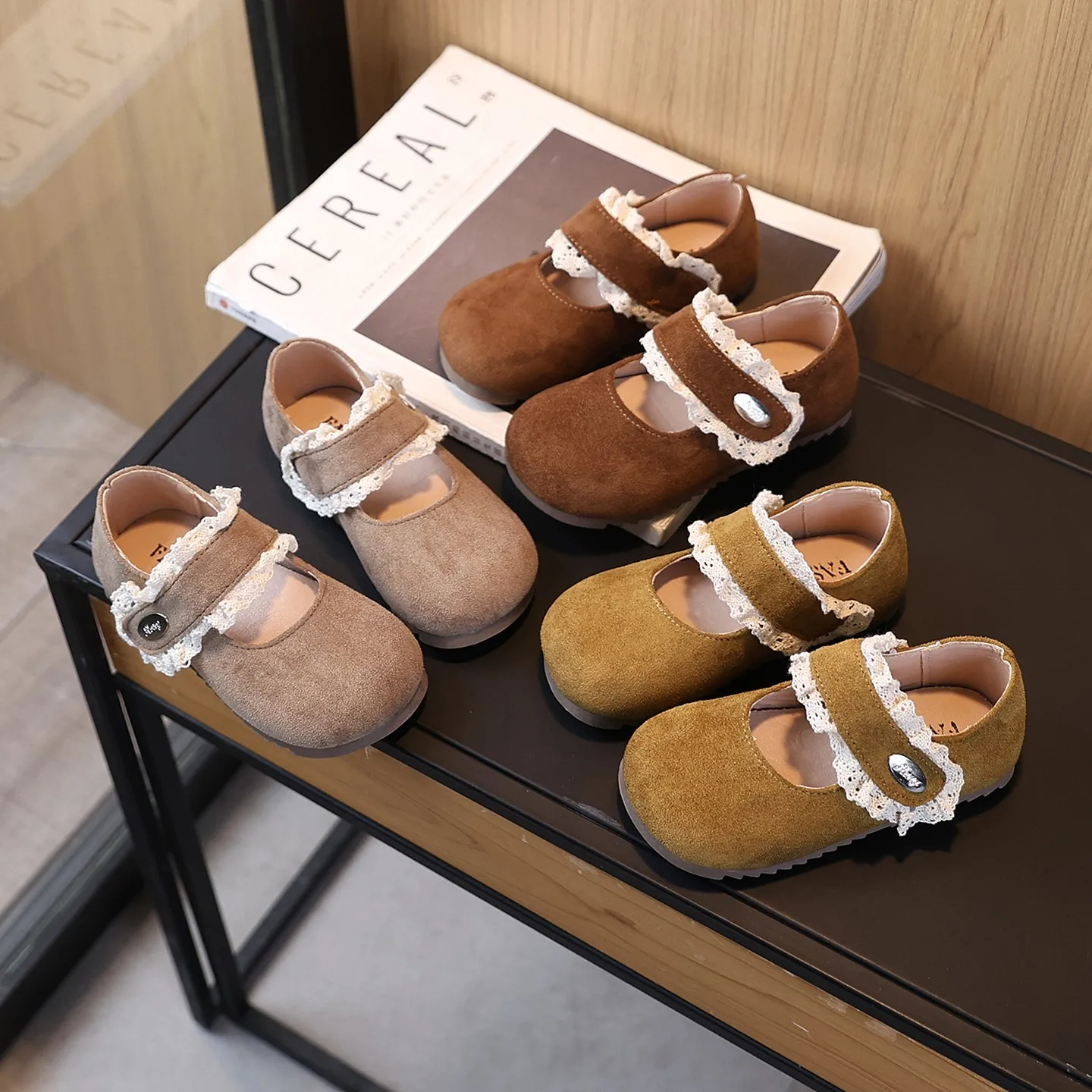 

Spring Girl's Mary Janes Lace Hook-loop Daily Chic Kid's Flat Shoe Solid Colors Anti-slip Sweet Versatile Children Shoes 4-6Y