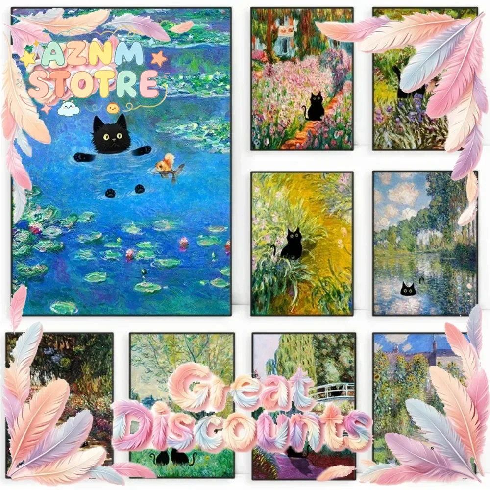 1pc Frameless Claude Monet Artworks Interesting Cute Black Cat Lotus Pond Poster Canvas Paintings for Living Room Home Decor