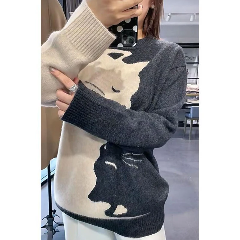 Camisola com estampa animal kawaii feminina, camisa com estampa de gato, blusa casual de tricô versátil, grossa, manga longa, outono, inverno, moda