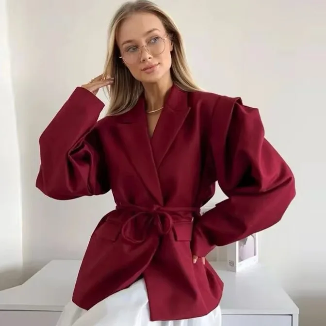 

Belted Women's Autumn Blazer Coat Turn Down Collar Shoulder Pads Button Pockets Coat For Female Commuting Office Lady's Jacket