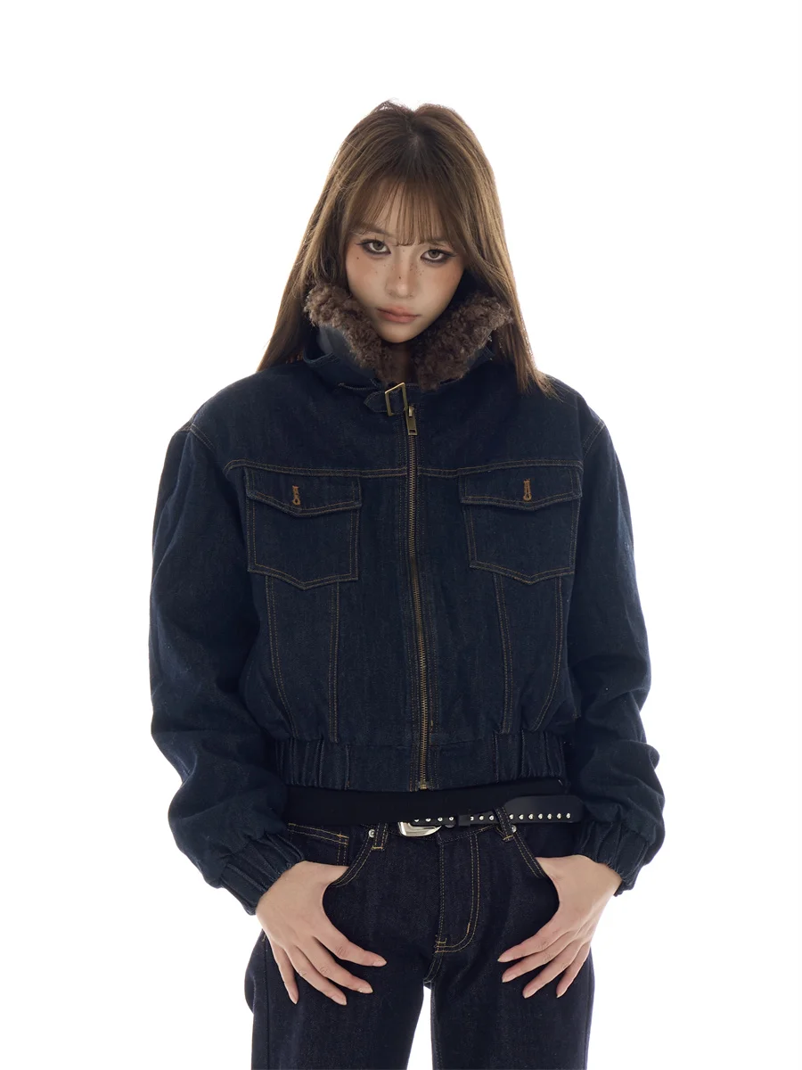 

Onlpp American Retro Lamb Fur Collar ort Jeans Jaet Women Casual Sle Cotton Sandwiched Workwear Jaet Hot Girl Sle