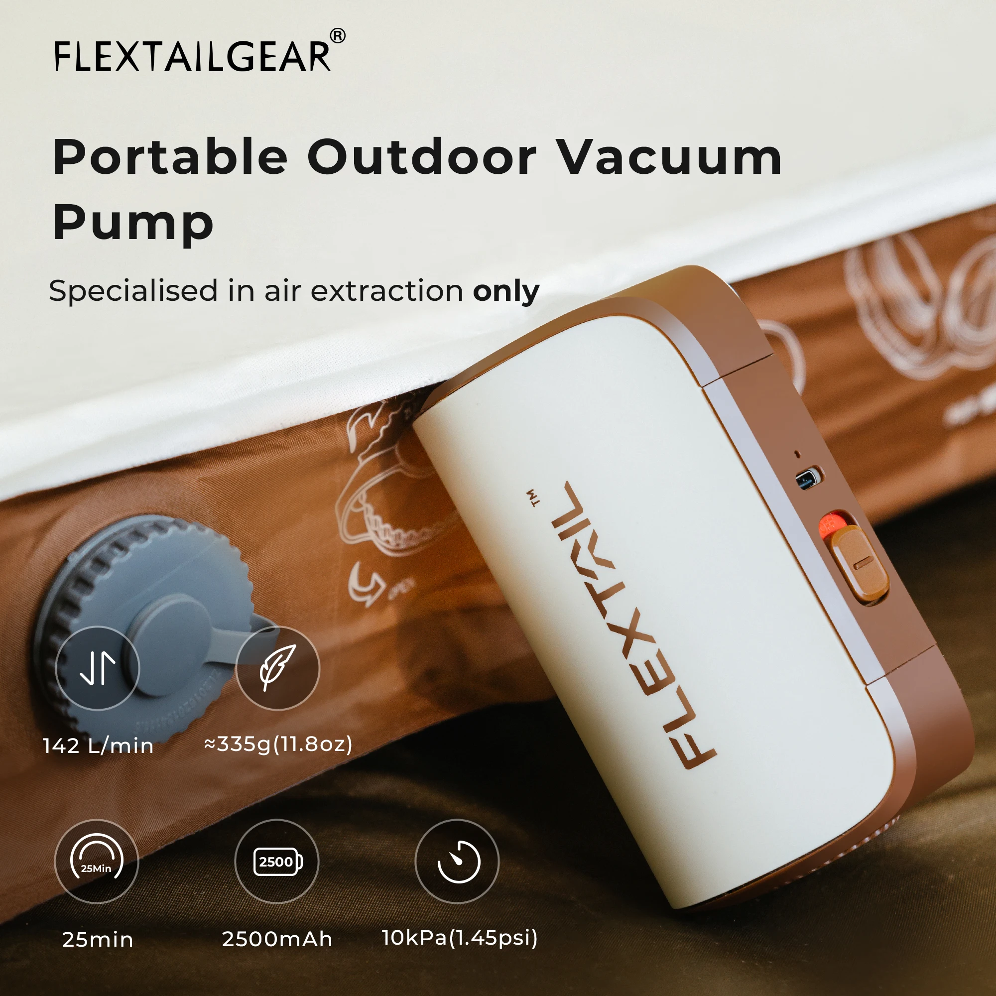 FLEXTAILGEAR MAX VACUUM PUMP - 10kPa High Pressure Cordless Vacuum Pump, Designed for Deflating Vacuum Storage Bags Air Mattress