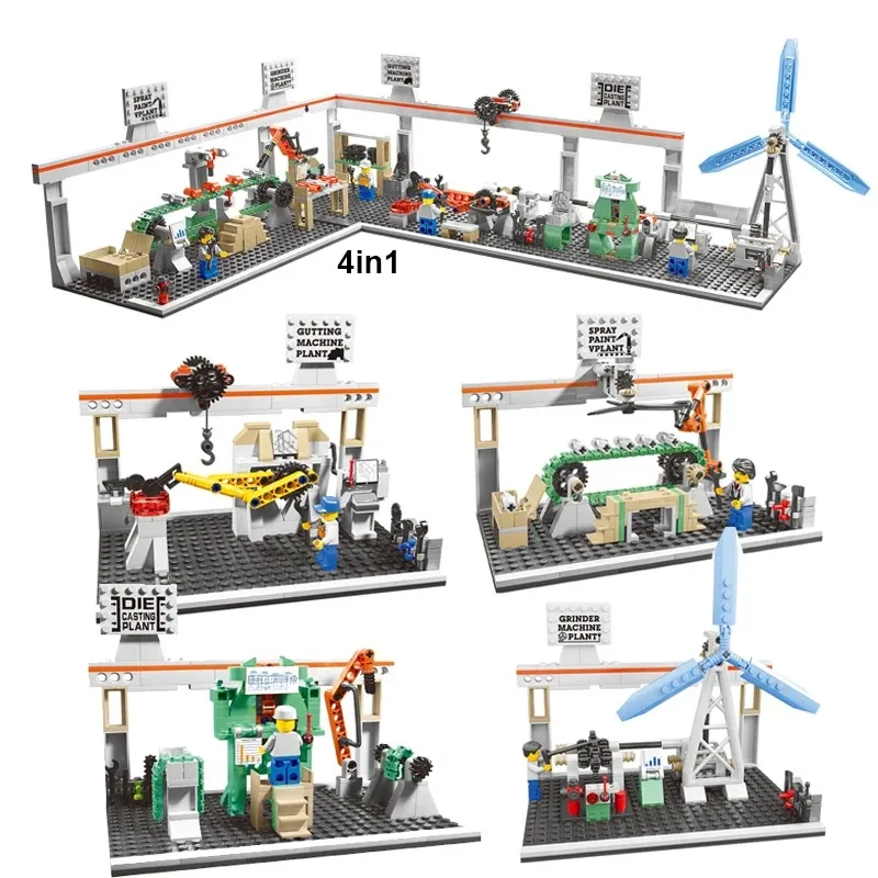 4in1 Creative Industrial Machinery Factory Wind Power Generation Building Blocks Pipelining Production Assemble Bricks Kids Toys