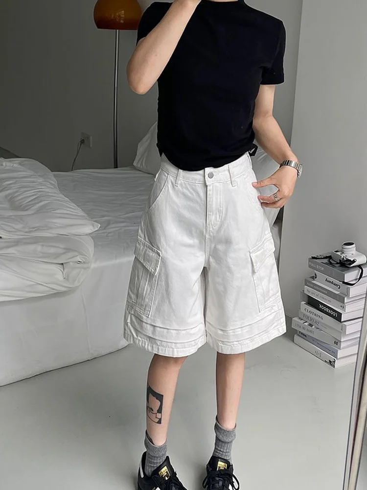 

White Casual High Waist Wide Leg Jeans Shorts Women's Summer Thin Loose Slimming Multi Pocket Straight Leg Mid-Length Pants