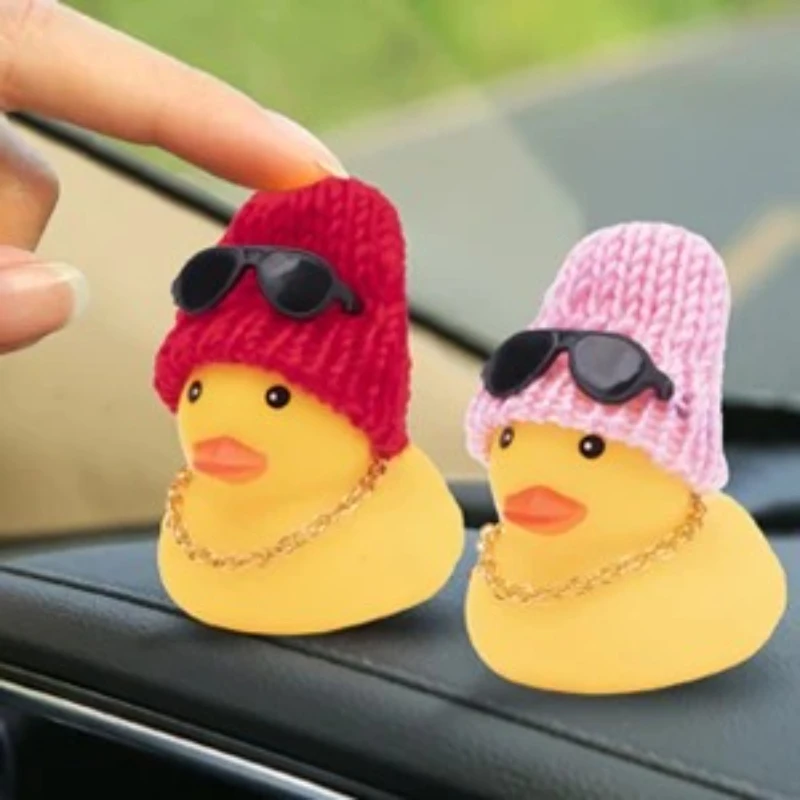Car Dashboard Rubber Ducks Christmas Decorations Rubber Duck for Festival Car Ornament Cute Duck with Knit Hat Glasses Necklace