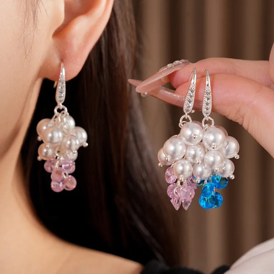 Grape Cluster Imitation Pearl Dangle Earrings Pink Blue Translucent Zircon Tassel Pendant Earrings for Women Wedding Jewelry