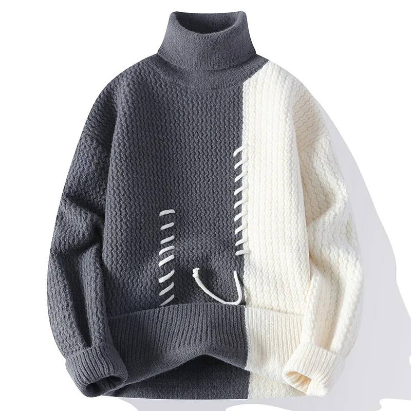 Autumn Winter Men\'s Knitted Turtleneck Sweater Fashion Patchwork Casual Knit Pullovers Men Loose Warm Pull Sweaters Streetwear