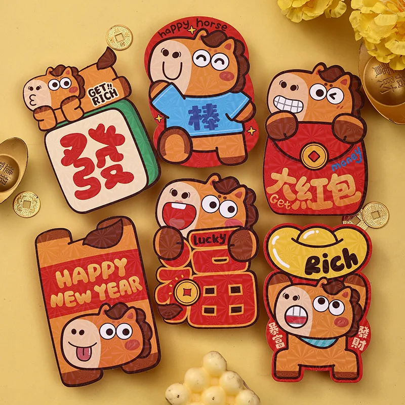 

6PCS 2026 Horse Year Red Envelope New Year Wedding Kids Gift Cartoon Pony Pattern Lucky Money Envelopes Red Packets