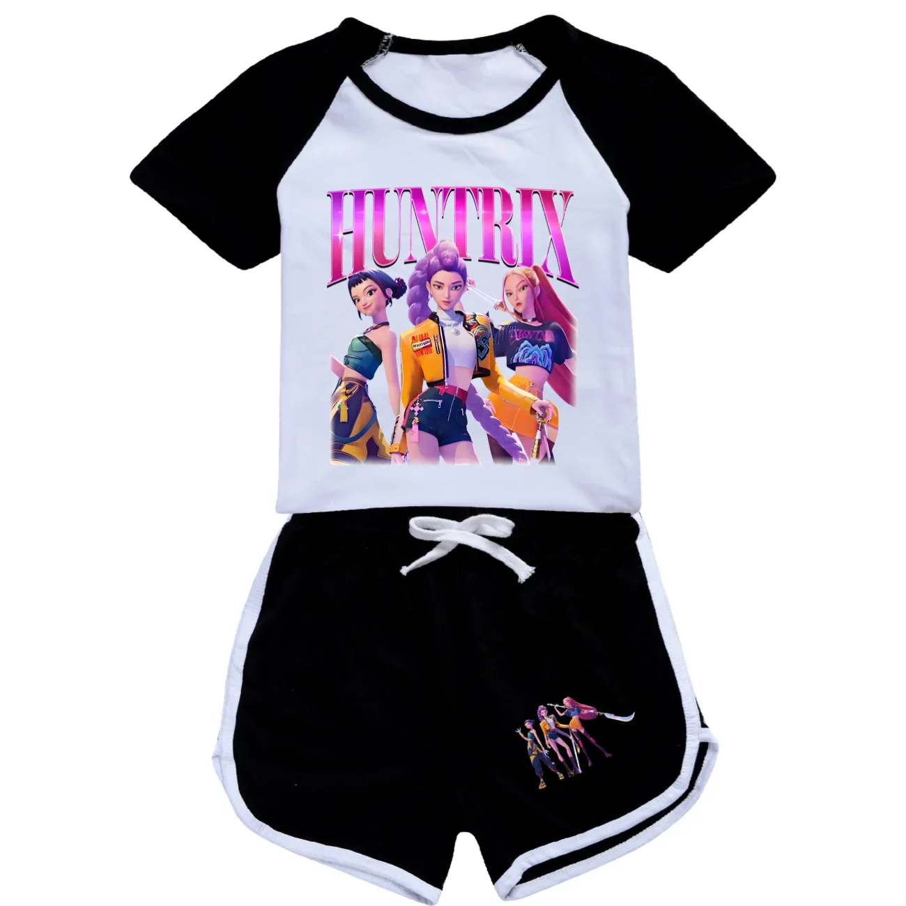 KPop شيطان الصيادين Huntrix تي شيرت السراويل دعوى الطفل الفتيات الصيف قصيرة الأكمام تي شيرت السراويل 2 قطعة الملابس مجموعات الاطفال ملابس رياضية 5003
