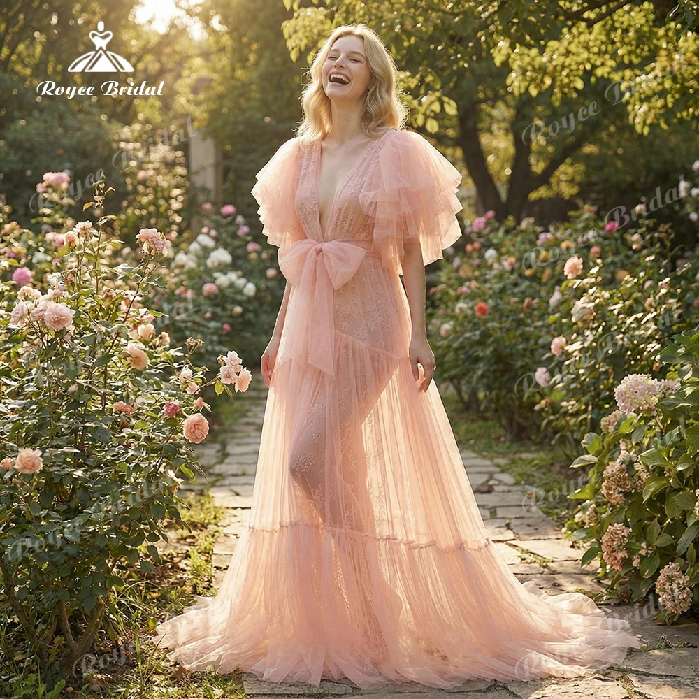 Chic Tulle Boho Prom Dress Tiered Ruffle A Line Evening Dress Puff Sleeve Beach Wedding Women's formal evening gowns Customized