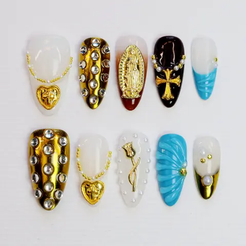 10 st. specialdesignade lyxiga långa stiletto-pressnaglar, kromguldkors Jungfru Maria nagelkonst katolska handmålade naglar 10 best sales designer press-on naglar - №7