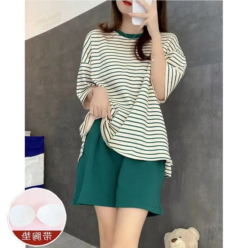 

Women‘s Summer Two Pieces Sets Pajamas O-Neck Short Sleeve Shorts Pant Homewear With Chest Pad Striped Cute Sleepwear Loungewear