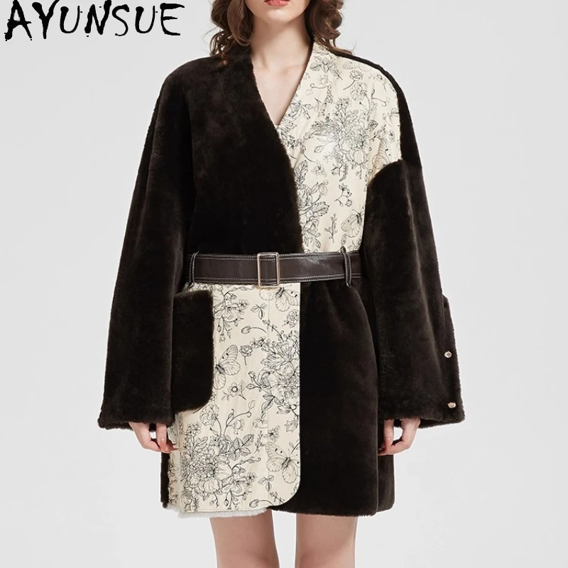 

AYUNSUE натуральная дубленка, шуба, женская зимняя одежда, уличная одежда, куртка средней длины из натуральной кожи, женская новинка, пальто с поясом