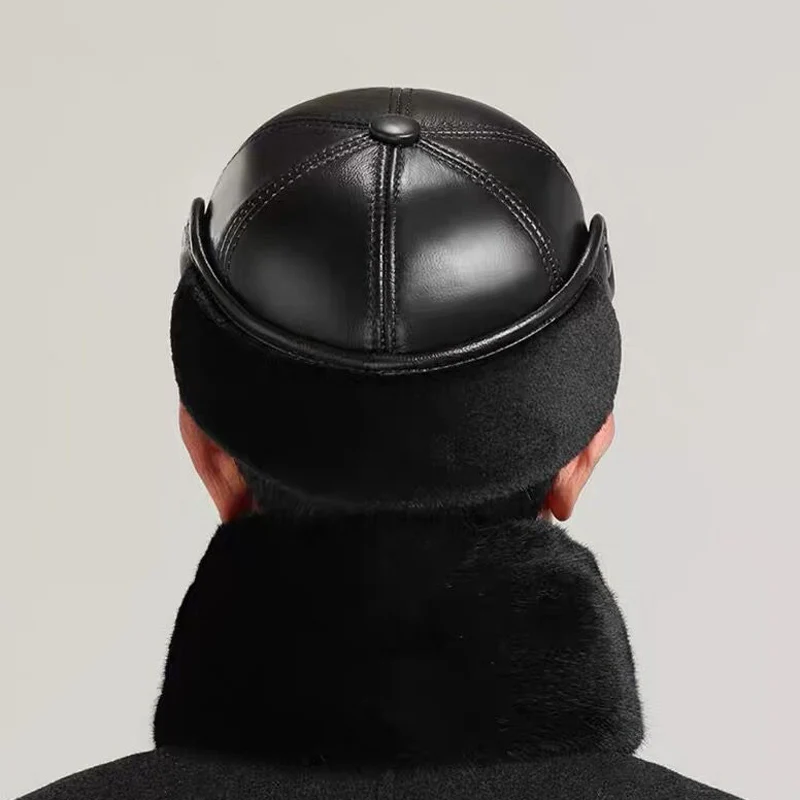 Sombrero De invierno 2024 para Hombre, sombreros De bombardero De piel De vaca gruesos De Cuero auténtico con orejas, sombreros cálidos para papá, Sombrero De Cuero Del Hombre