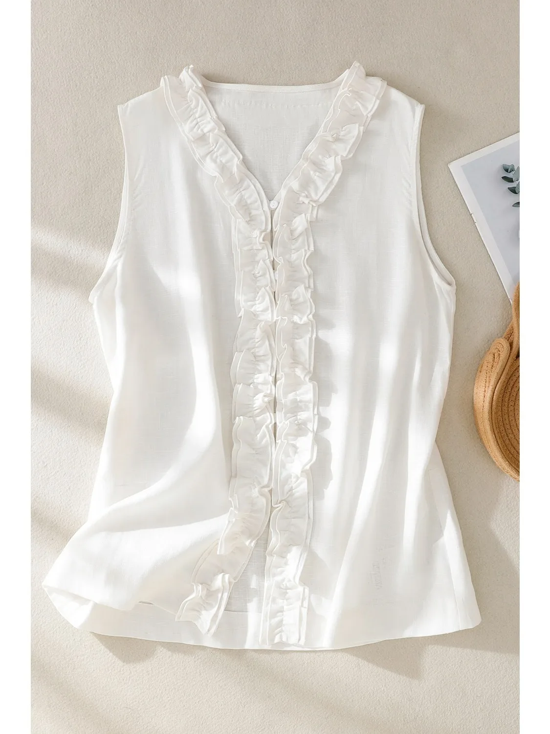 

V-Neck Sleeveless Cotton Linen Shirt Large Size Women's Fashion Slimming Summer New Style Casual Wear Button Detail