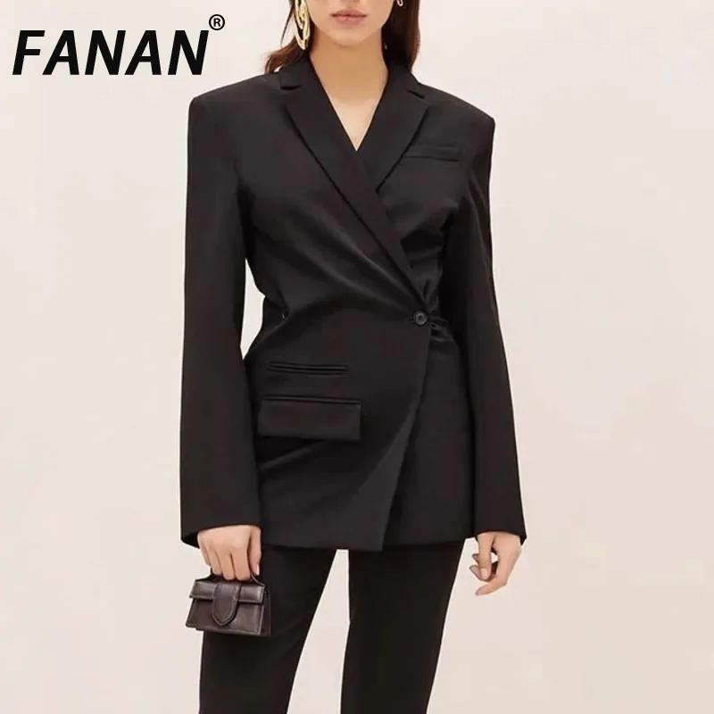 

FANAN Irregular Gathered Waist Blazers For Women Notched Long Sleeve Fit Black Jackets Female Coats Fashion 2025 Spring New