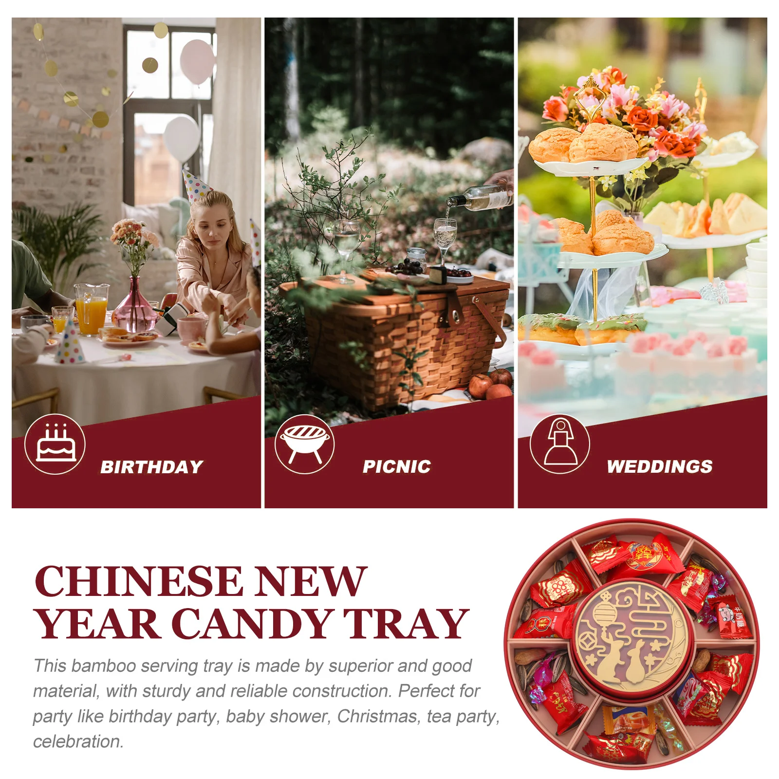 

Chinese New Year Snack Tray Divided Serving Platter Plastic Multi-Grid Lid Storage Container for Snacks Dried Fruits Candy Party