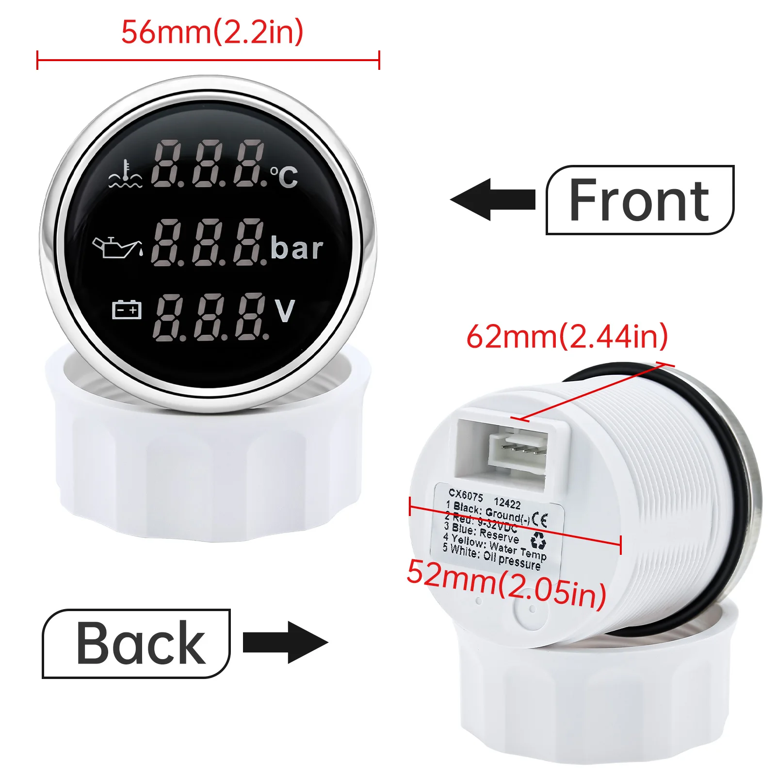 52mm Boat Car 3 in 1 Gauge with Alarm Digital Water Temp Oil Pressure Voltmeter with Sensor NPT1/8 Oil Press temperature sensors