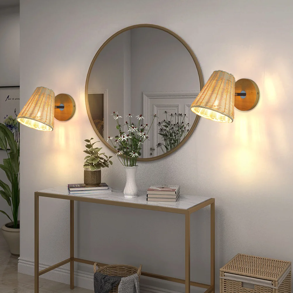 Sconce Lights Farmhouse Wall Lamp Rattan to Weave for Living Room Bedside Bedroom Metal