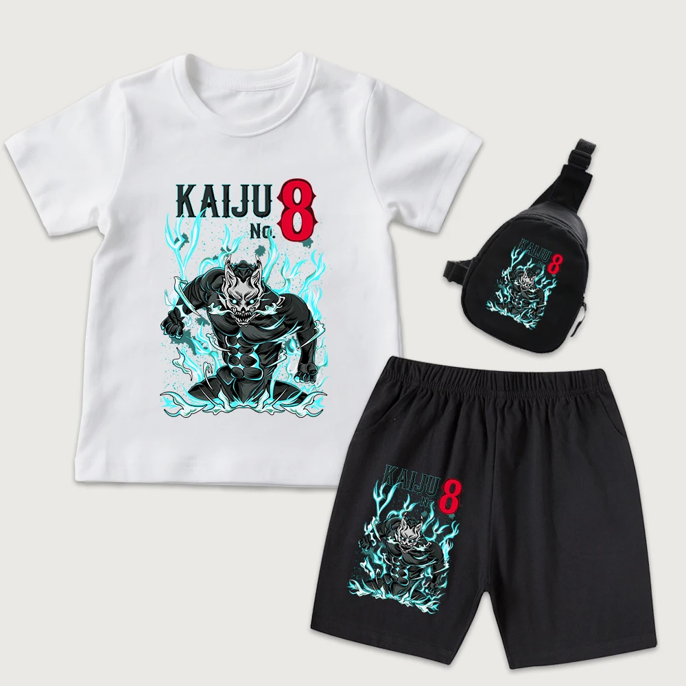Kaiju No 8 Anime Print Kids Cotton T Shirt and Shorts Set with Mini Chest Bag 3Piece Set for Boys Girls Casual Summer Outfit