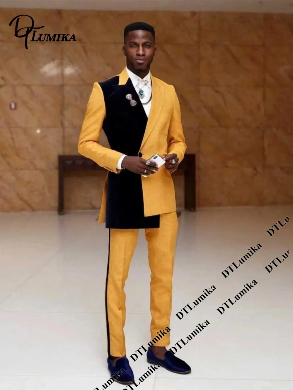 Two-Tone Color Block Men’s Formal Suit Two Pieces Party Suit Jacket Pants, Double Breasted Blazer with Double Vents Groom Tuxedo