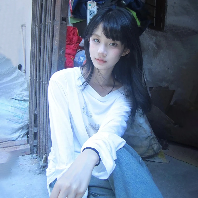 Karrram Japanese Y2k Cutecore Print T-shirt Vintage Harajuku Long Sleeve Loose Tops 2000s Aesthetics Lazy Style White Top Korean