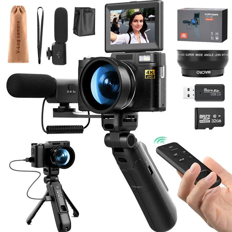 Top 4k Digital Cameras for Photography 48MP Video Camera for YouTube Vlogger Kit-Microphone & Remote Control Tripod Grip