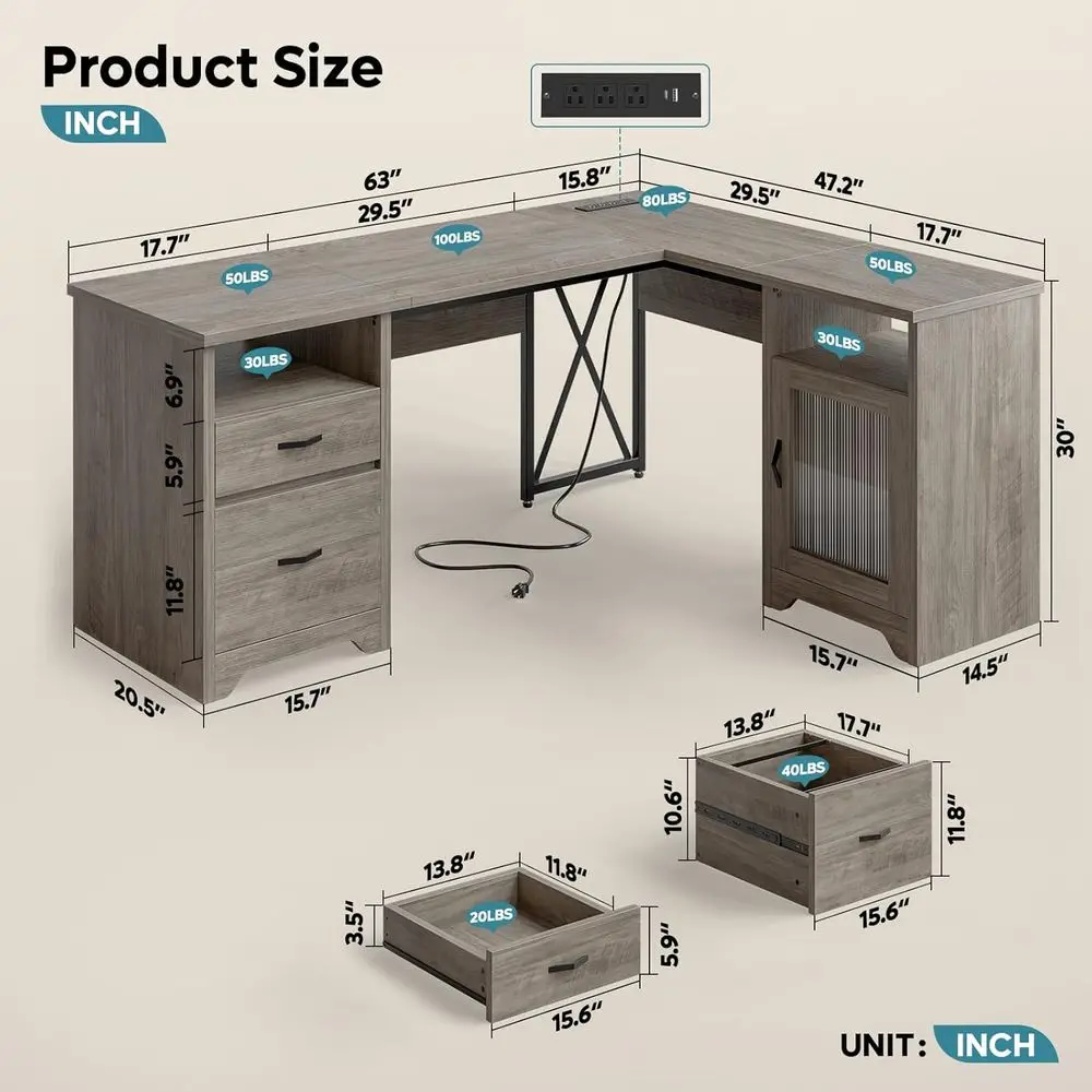 L-Shaped Desk with Hutch, 63 x 47 Office Computer Desk with Charging Station & Storage Cabinet, Modern Panel Design for Home Off