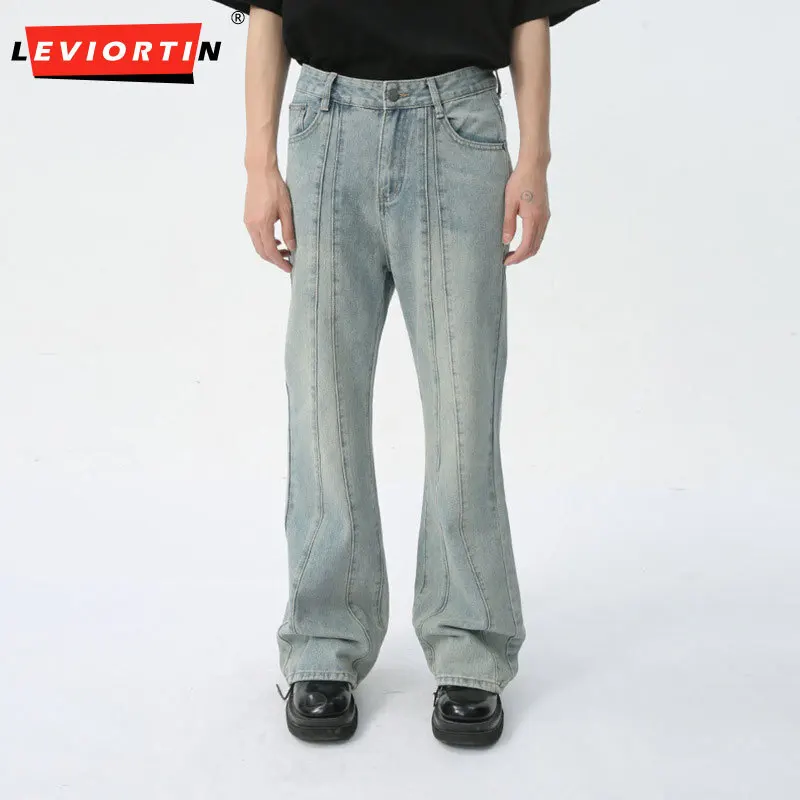 LEVIORTIN Men's Denim Pants Niche Design Bell-bottoms Patchwork Retro Style Mid-rise Casual Male Jeans 2024 Summer New Fashion