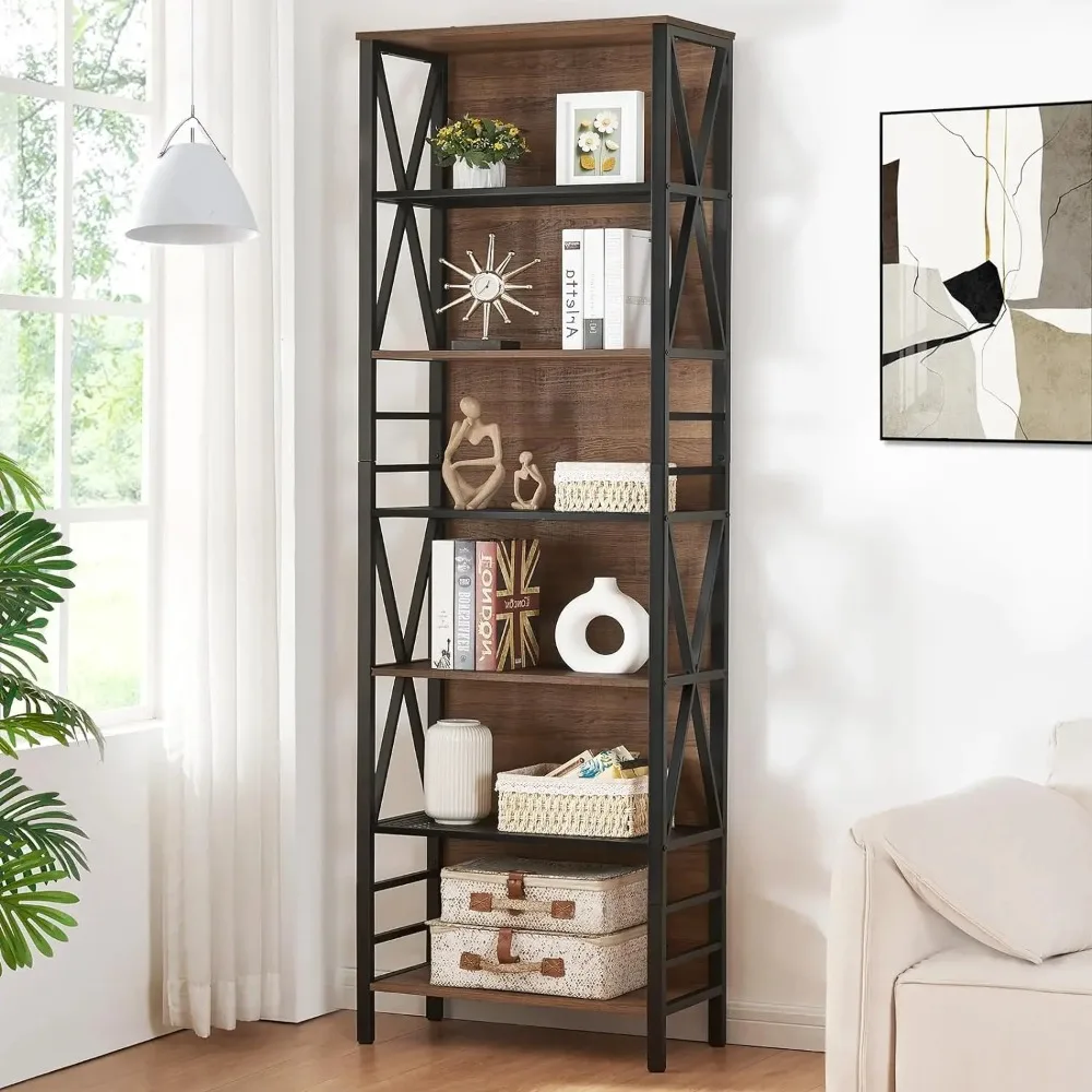 Bookshelf, 6/7-Tier Bookshelf, Rustic Wood Metal Bookshelves and Bookcases, Freestanding Open , Living Room and Bedroom,