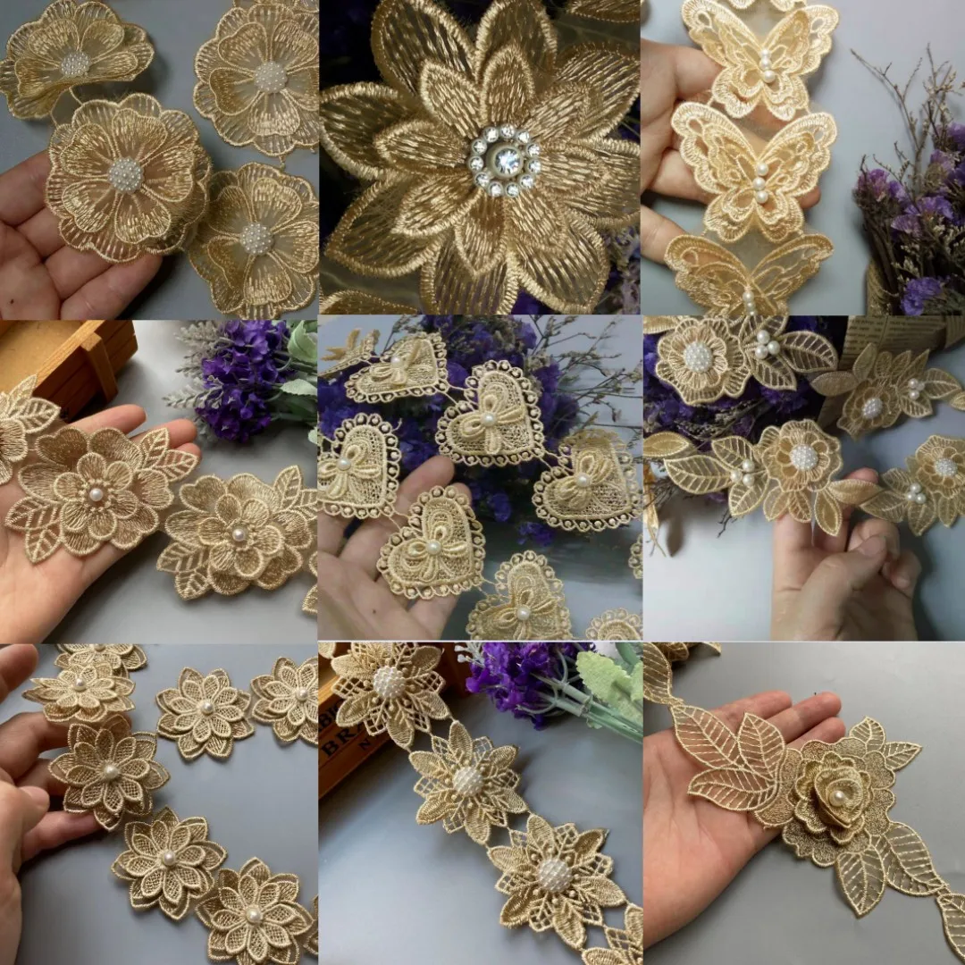 1 yard Gold Pearl Beaded Embroidered Flower Lace Trim Floral Applique Patches Fabric Sewing Craft Vintage Wedding Dress