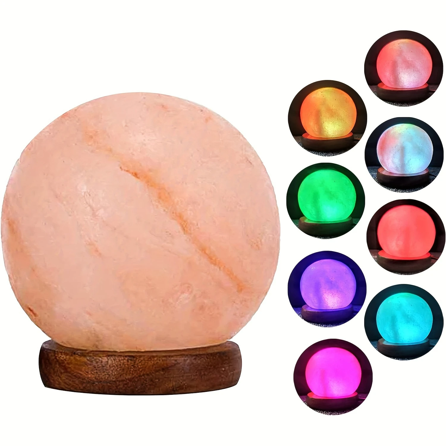 

Hand-Carved Lovely Himalayan Salt Lamp - Genuine Wood Base, Beautiful Round Crystal Rock Lamp with 8 Colors Changing - Ideal Hom