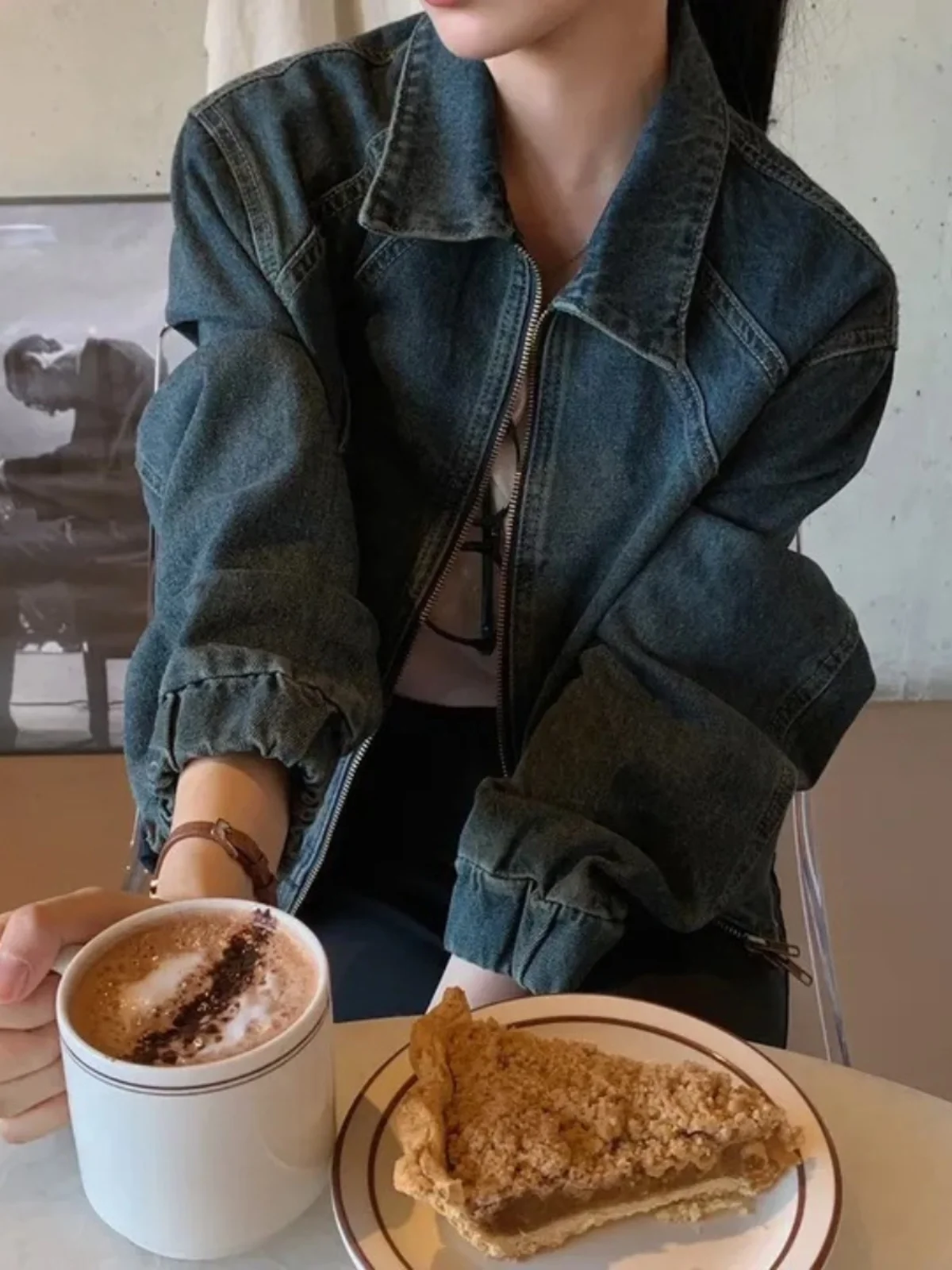 جاكيت جينز نسائي أنيق بتصميم عتيق وسحاب، قصة فضفاضة بياقة بولو، تصميم قصير متعدد الاستخدامات، قطعة علوية كاجوال للنساء قصيرات...