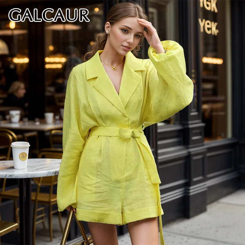 

GALCAUR Casual Office Playsuits For Women Lapel Puff Sleeve High Waist Patchwork Lace Up Wide Leg Playsuit Female Clothing New