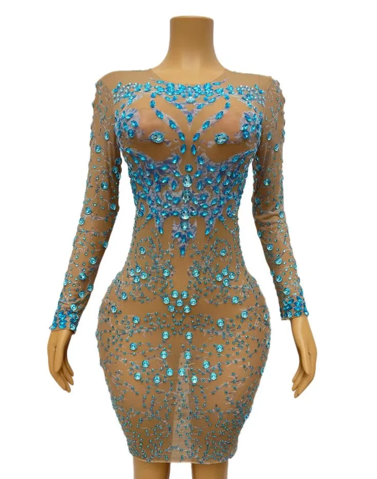 

Sexy Sparkly Blue Rhinestones Long Sleevesransparent Dress Evening Birthday CelebrateSexy Stretch Costume lanying C058