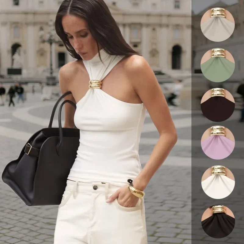 

2025 Spring Summer Popular Women's Wear Golden Ring Sleeveless Off-shoulder Elastic Top