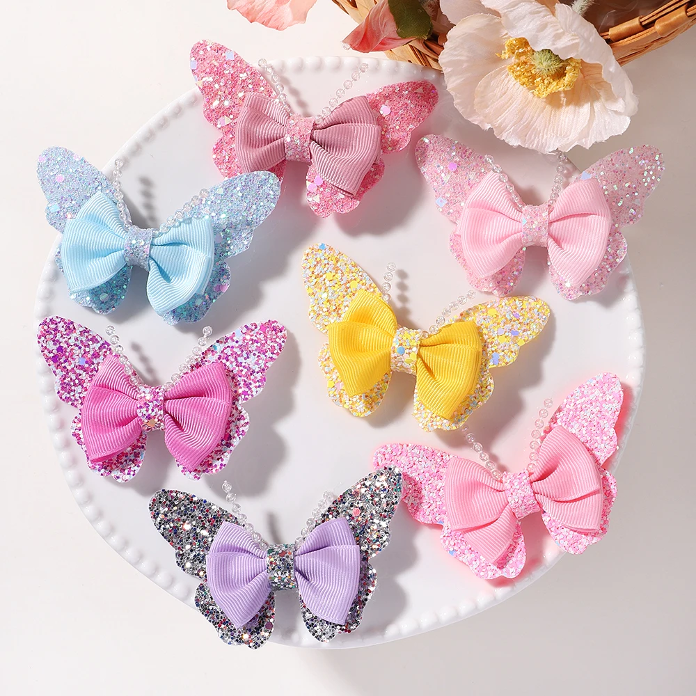 2pcs/lot Exquisite Bow Hairclips with Sequin Hair Bangs Hair Pins Girls Kniting Hairgripes Cute Barrettes Kids Hair Accessories